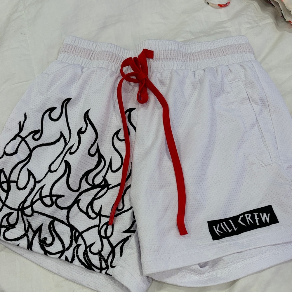Kill Crew White Shorts with Red and Black Flame Design